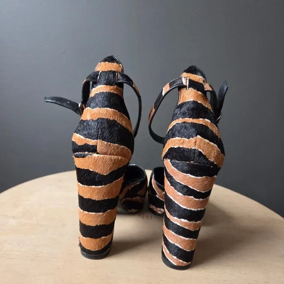 Rebecca Minkoff Tiger Print Cow Hair‎ Fur Ankle Strap Platform Heels Size 7M